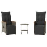 3-Piece Bistro Set with Cushions Grey Poly Rattan Wicker Outdoor Patio Furniture