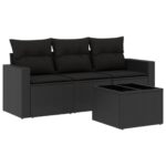 4-Piece Garden Sofa Set with Cushions Black Poly Rattan Wicker Outdoor Patio Furniture