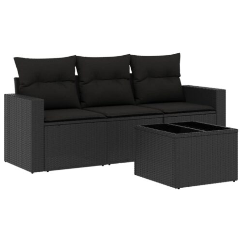 4-Piece Garden Sofa Set with Cushions Black Poly Rattan Wicker Outdoor Patio Furniture