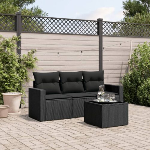 4-Piece Garden Sofa Set with Cushions Black Poly Rattan Wicker Outdoor Patio Furniture - Image 2