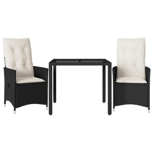 3-Piece Bistro Set with Cushions Black Poly Rattan Wicker Outdoor Patio Furniture