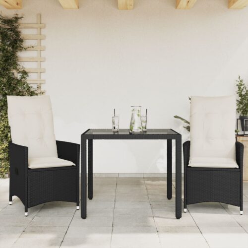 3-Piece Bistro Set with Cushions Black Poly Rattan Wicker Outdoor Patio Furniture - Image 2