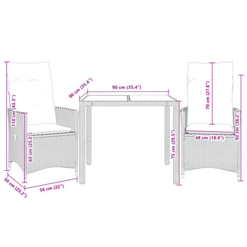 3-Piece Bistro Set with Cushions Black Poly Rattan Wicker Outdoor Patio Furniture - Image 7