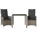 3-Piece Bistro Set with Cushions Grey Poly Rattan Wicker Outdoor Patio Furniture