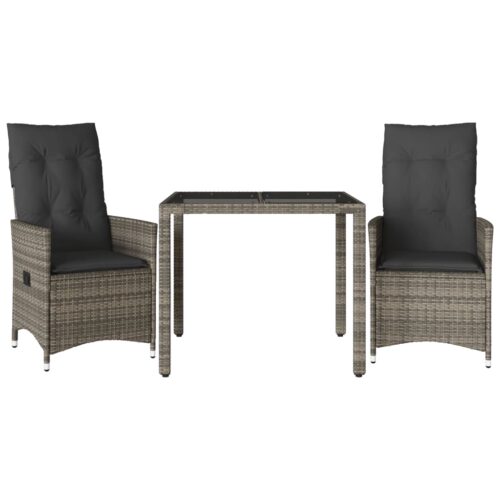 3-Piece Bistro Set with Cushions Grey Poly Rattan Wicker Outdoor Patio Furniture