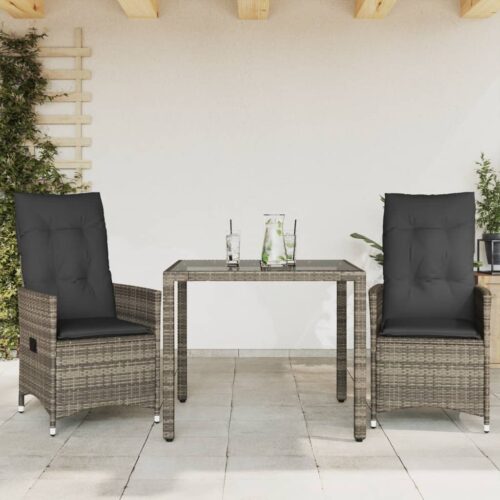 3-Piece Bistro Set with Cushions Grey Poly Rattan Wicker Outdoor Patio Furniture - Image 2