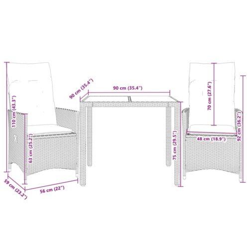 3-Piece Bistro Set with Cushions Grey Poly Rattan Wicker Outdoor Patio Furniture - Image 7