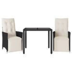 3-Piece Bistro Set with Cushions Black Poly Rattan Wicker Outdoor Patio Furniture
