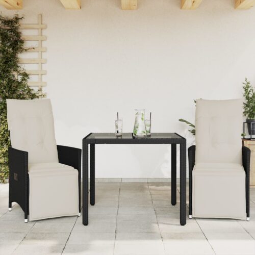 3-Piece Bistro Set with Cushions Black Poly Rattan Wicker Outdoor Patio Furniture - Image 2