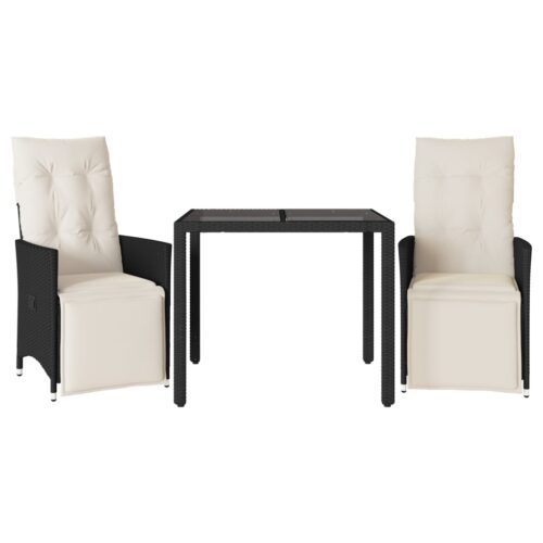 3-Piece Bistro Set with Cushions Black Poly Rattan Wicker Outdoor Patio Furniture - Image 11