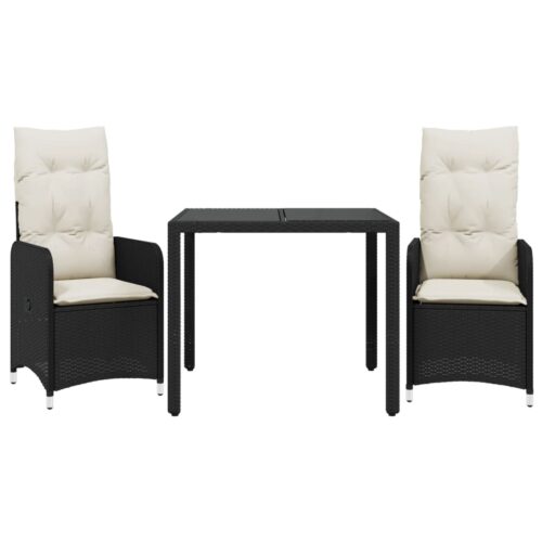 3-Piece Garden Bistro Set with Cushions Black Poly Rattan Wicker Outdoor Patio Furniture