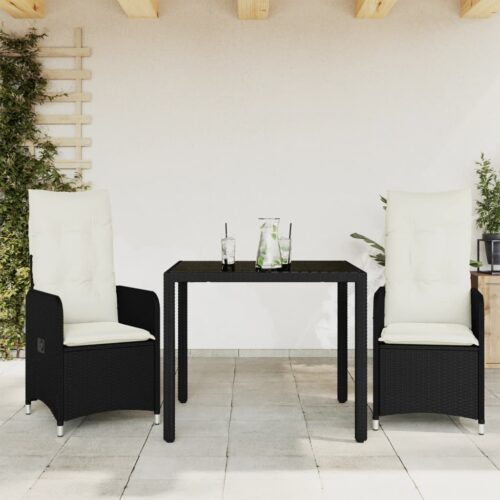 3-Piece Garden Bistro Set with Cushions Black Poly Rattan Wicker Outdoor Patio Furniture - Image 2