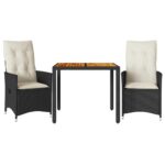 3-Piece Bistro Set with Cushions Black Poly Rattan Wicker Outdoor Patio Furniture Acacia