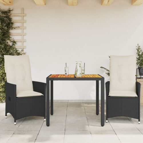 3-Piece Bistro Set with Cushions Black Poly Rattan Wicker Outdoor Patio Furniture Acacia - Image 2