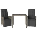 3-Piece Garden Bistro Set with Cushions Grey Poly Rattan Wicker Outdoor Patio Furniture
