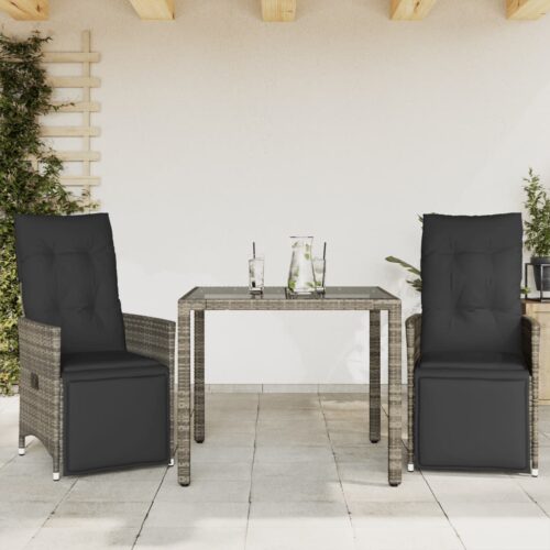 3-Piece Garden Bistro Set with Cushions Grey Poly Rattan Wicker Outdoor Patio Furniture - Image 2
