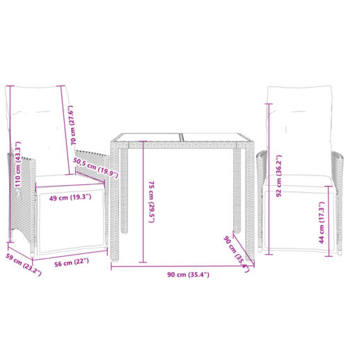 3-Piece Garden Bistro Set with Cushions Grey Poly Rattan Wicker Outdoor Patio Furniture - Image 7