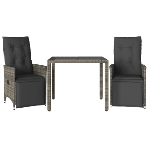 3-Piece Garden Bistro Set with Cushions Grey Poly Rattan Wicker Outdoor Patio Furniture - Image 11