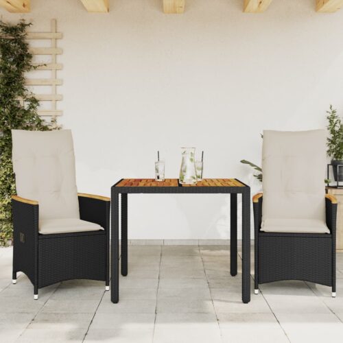 3-Piece Bistro Set with Cushions Black Poly Rattan Wicker Outdoor Patio Furniture - Image 2