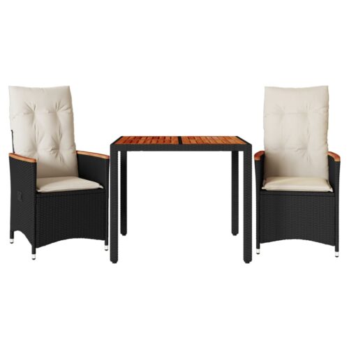3-Piece Bistro Set with Cushions Black Poly Rattan Wicker Outdoor Patio Furniture - Image 11