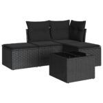 5-Piece Garden Sofa Set with Cushions Black Poly Rattan Wicker Outdoor Patio Furniture