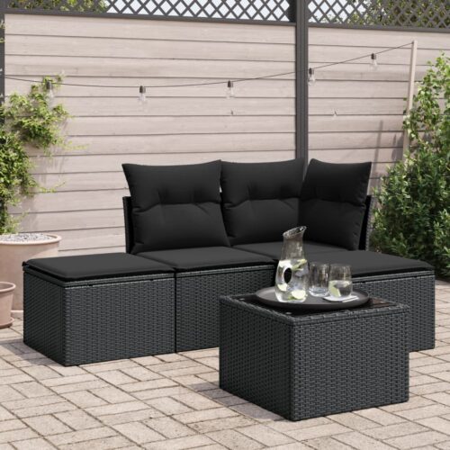 5-Piece Garden Sofa Set with Cushions Black Poly Rattan Wicker Outdoor Patio Furniture - Image 2