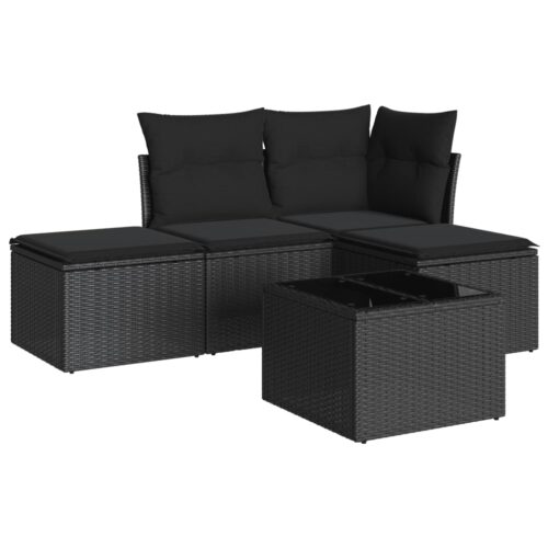 5-Piece Garden Sofa Set with Cushions Black Poly Rattan Wicker Outdoor Patio Furniture - Image 5