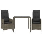 3-Piece Garden Bistro Set with Cushions Grey Poly Rattan Wicker Outdoor Patio Furniture