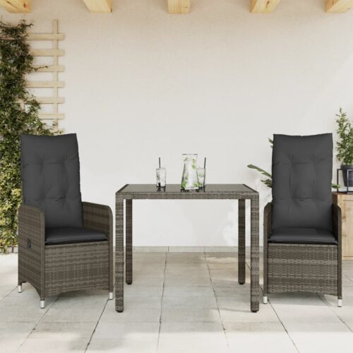 3-Piece Garden Bistro Set with Cushions Grey Poly Rattan Wicker Outdoor Patio Furniture - Image 2