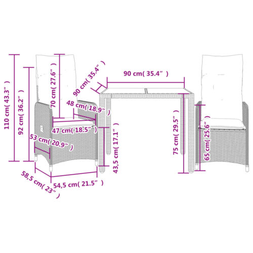 3-Piece Garden Bistro Set with Cushions Grey Poly Rattan Wicker Outdoor Patio Furniture - Image 7