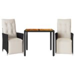 3-Piece Bistro Set with Cushions Black Poly Rattan Wicker Outdoor Patio Furniture