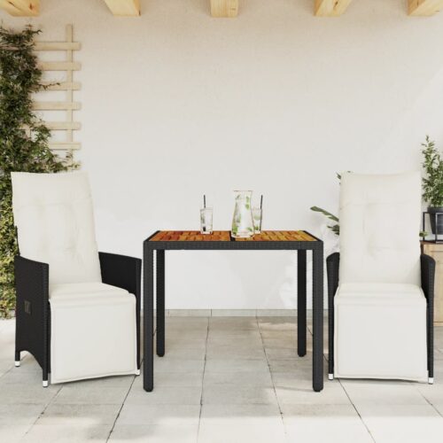 3-Piece Bistro Set with Cushions Black Poly Rattan Wicker Outdoor Patio Furniture - Image 2