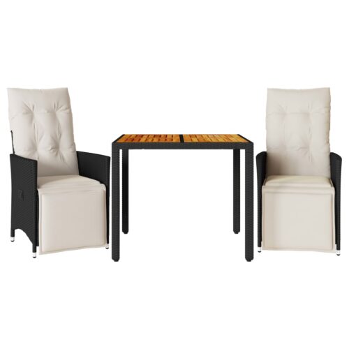 3-Piece Bistro Set with Cushions Black Poly Rattan Wicker Outdoor Patio Furniture - Image 11