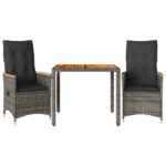 3-Piece Bistro Set with Cushions Grey Poly Rattan Wicker Outdoor Patio Furniture
