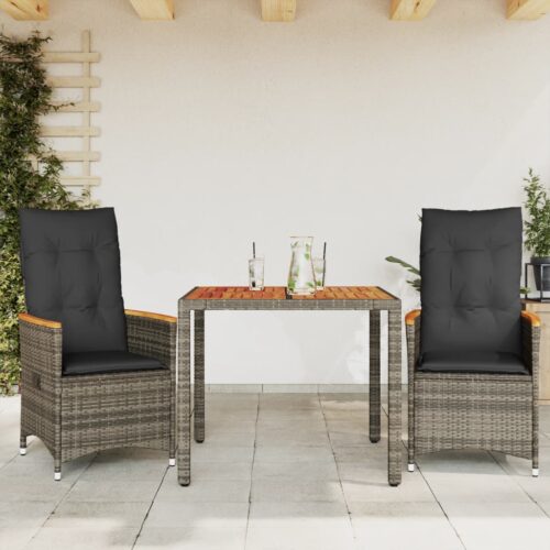 3-Piece Bistro Set with Cushions Grey Poly Rattan Wicker Outdoor Patio Furniture - Image 2