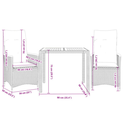 3-Piece Bistro Set with Cushions Grey Poly Rattan Wicker Outdoor Patio Furniture - Image 7