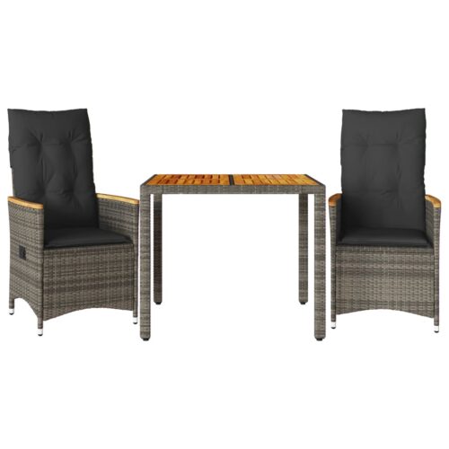 3-Piece Bistro Set with Cushions Grey Poly Rattan Wicker Outdoor Patio Furniture - Image 11