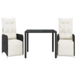 3-Piece Garden Bistro Set with Cushions Black Poly Rattan Wicker Outdoor Patio Furniture