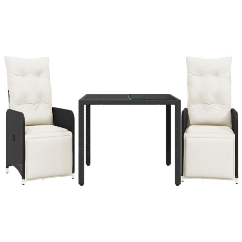 3-Piece Garden Bistro Set with Cushions Black Poly Rattan Wicker Outdoor Patio Furniture