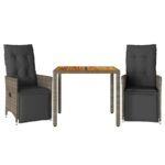 3-Piece Garden Bistro Set with Cushions Grey Poly Rattan Wicker Outdoor Patio Furniture