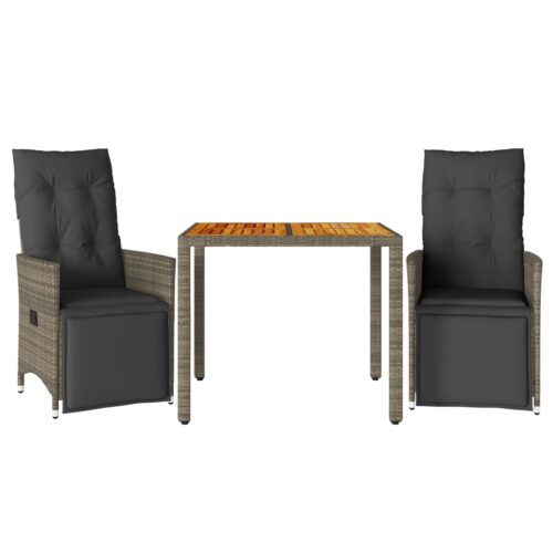 3-Piece Garden Bistro Set with Cushions Grey Poly Rattan Wicker Outdoor Patio Furniture