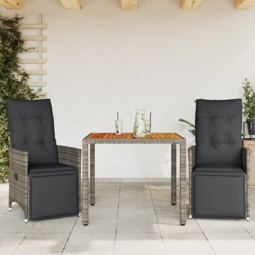 3-Piece Garden Bistro Set with Cushions Grey Poly Rattan Wicker Outdoor Patio Furniture - Image 2