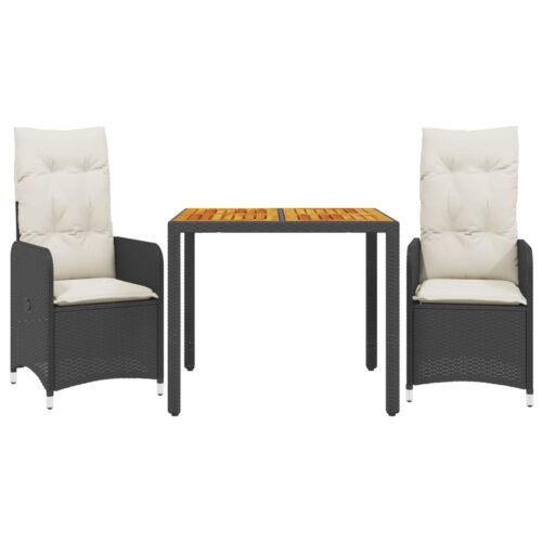 3-Piece Garden Bistro Set with Cushions Black Poly Rattan Wicker Outdoor Patio Furniture