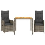 3-Piece Garden Bistro Set with Cushions Grey Poly Rattan Wicker Outdoor Patio Furniture