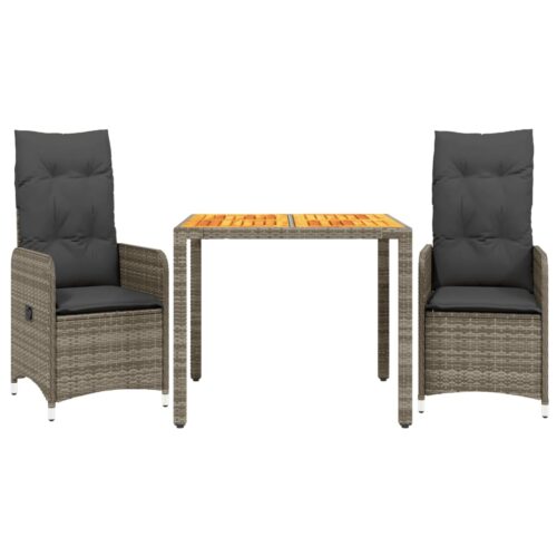 3-Piece Garden Bistro Set with Cushions Grey Poly Rattan Wicker Outdoor Patio Furniture