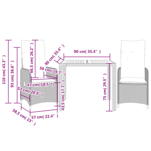 3-Piece Garden Bistro Set with Cushions Grey Poly Rattan Wicker Outdoor Patio Furniture - Image 7