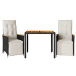 3-Piece Garden Bistro Set with Cushions Black Poly Rattan Wicker Outdoor Patio Furniture