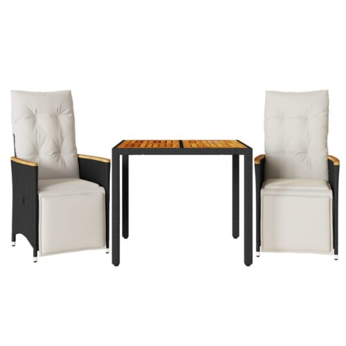 3-Piece Garden Bistro Set with Cushions Black Poly Rattan Wicker Outdoor Patio Furniture