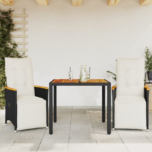 3-Piece Garden Bistro Set with Cushions Black Poly Rattan Wicker Outdoor Patio Furniture - Image 2