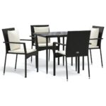 5-Piece Garden Dining Set with Cushions Black Poly Rattan